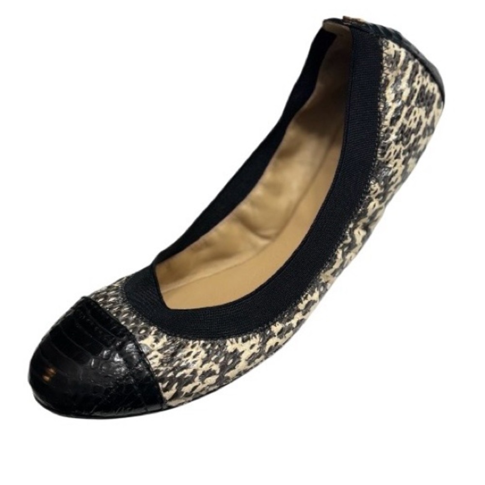 Tory Burch Lisa Ballet Flats Snakeskin Leather Black & Cream Women's Size 6.5